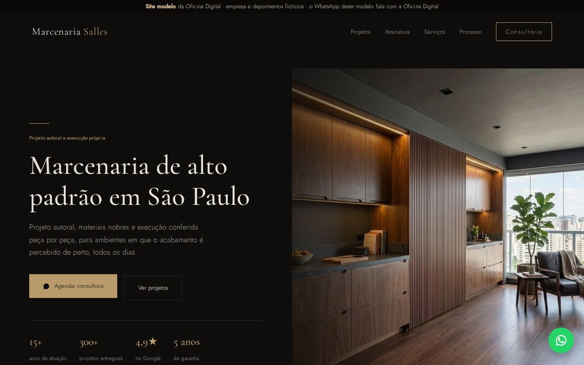 Modelo de site para marcenaria, estilo premium escuro