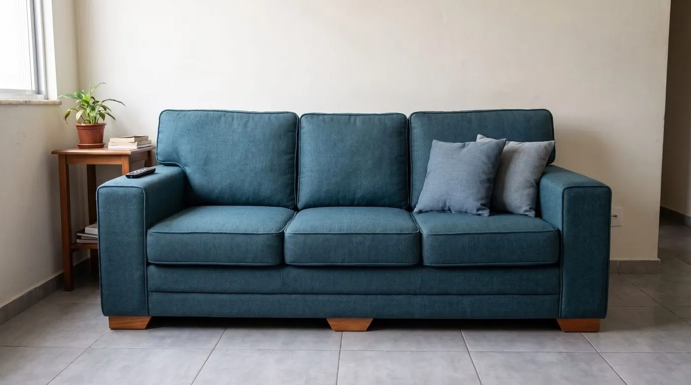 O mesmo sofá reformado, com tecido azul novo e assentos firmes