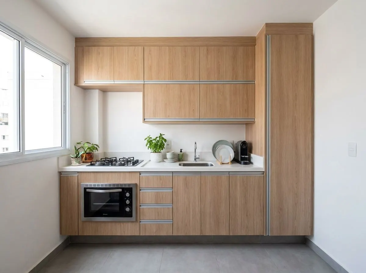 Cozinha planejada compacta em madeira clara