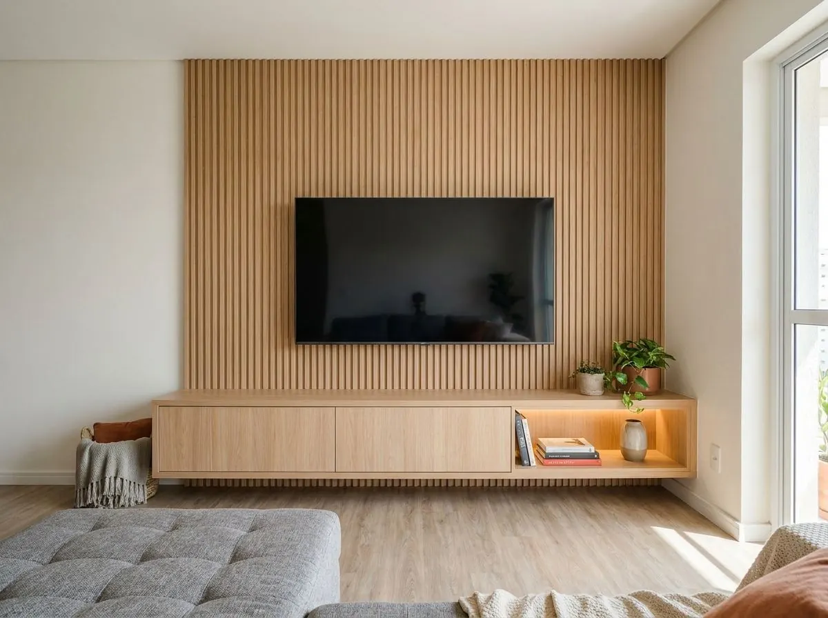 Painel de TV ripado em madeira clara com rack suspenso