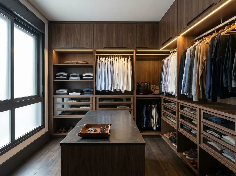 Closet sob medida em nogueira com ilha central e iluminação embutida