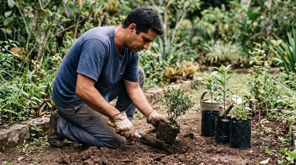 Paisagista plantando um arbusto no canteiro