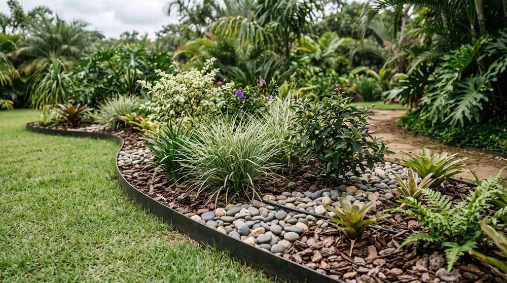 Canteiro com pedras decorativas, forrações e irrigação por gotejamento