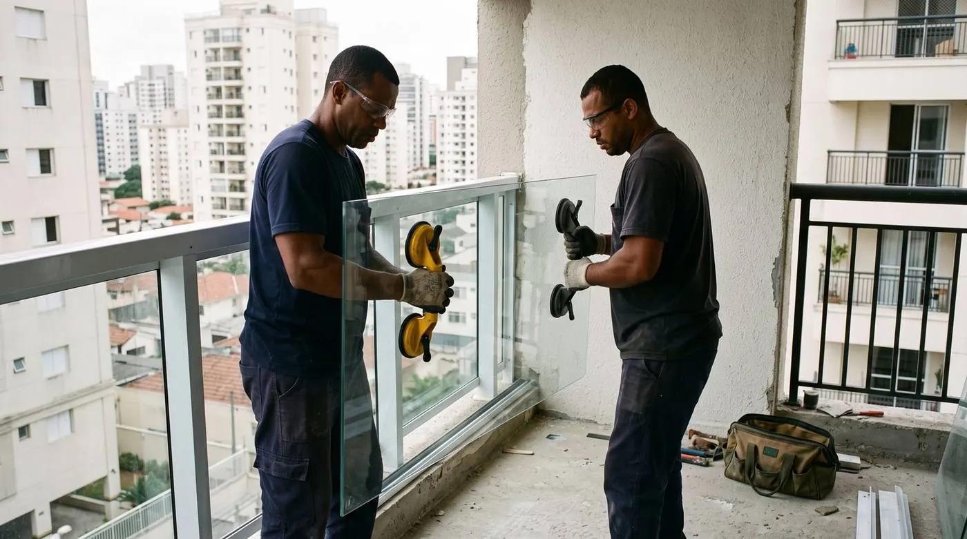 Dois vidraceiros instalando um painel de vidro com ventosas em uma sacada